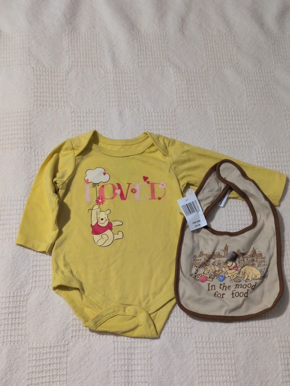 Disney Yellow Winnie the Pooh Long-Sleeve Bodysuit Size 3 M With Bib